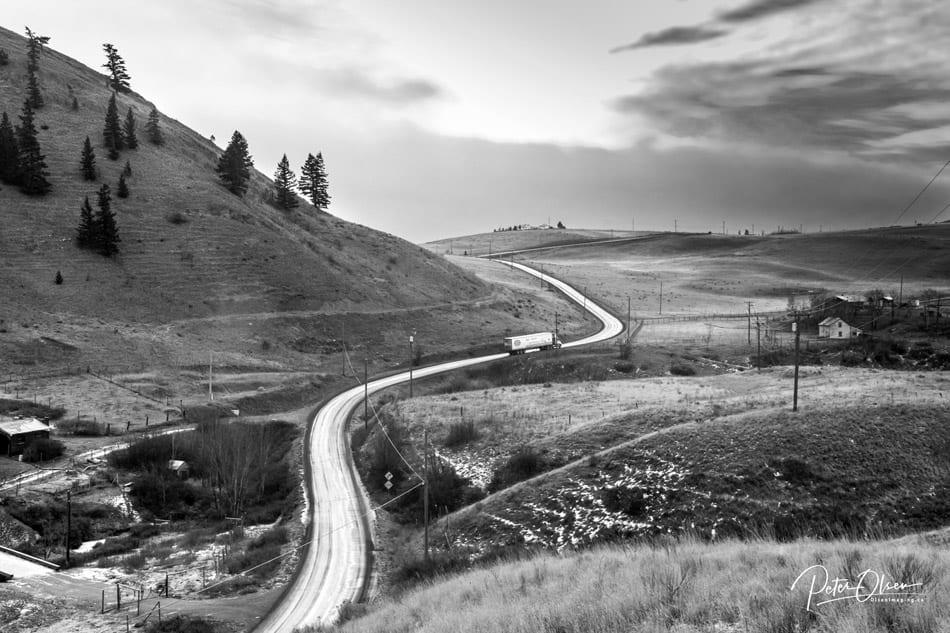 Kamloops grayscale winding road with mountain and trees with sky