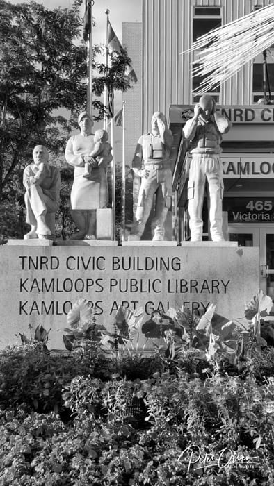 Kamloops public library with statue grayscale