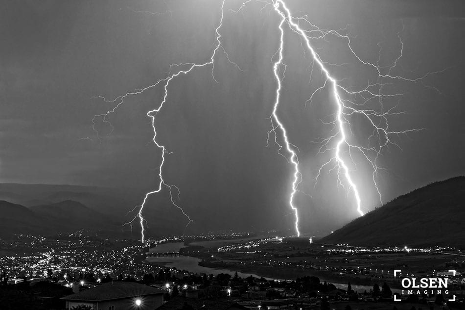 Kamloops black and white photo of lightning striking area