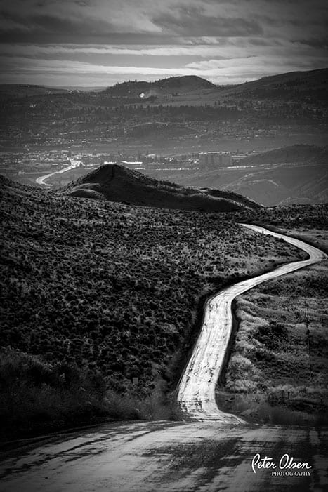 Kamloops black and white photo of a road with trees and mountains