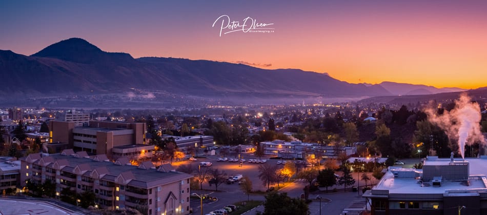 Kamloops City sunset view with blue sky and mountain with buildings and lights