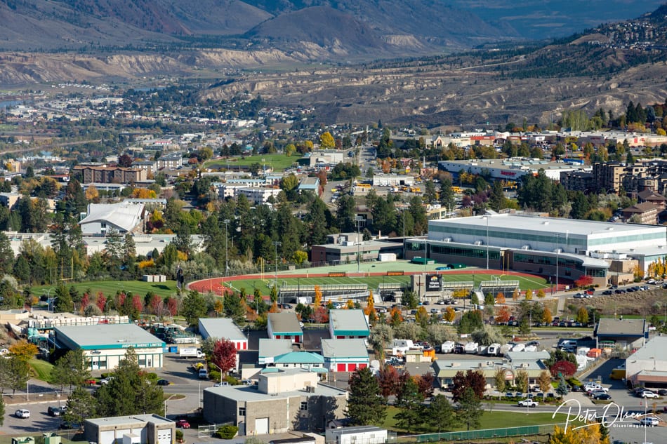 Kamloops City view with trees and colorful buildings with mountain