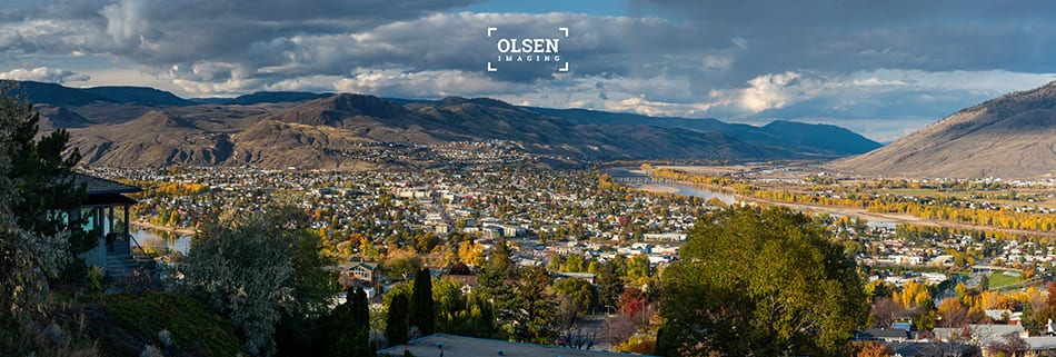 Kamloops City blue sky with clouds and mountain with city and trees
