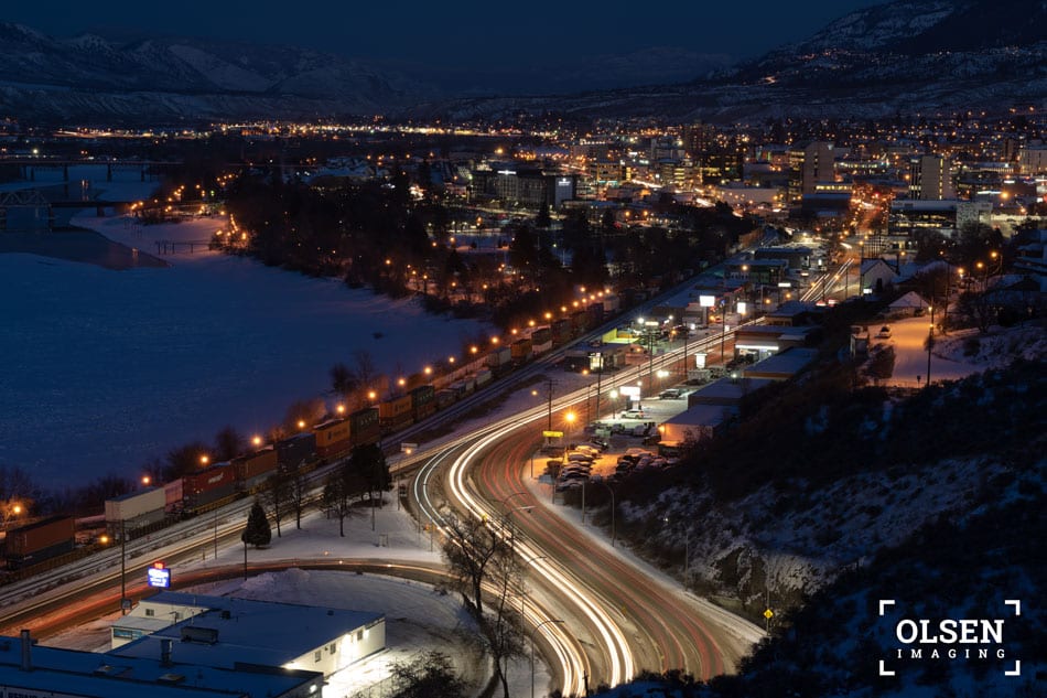 night view with snow-capped mountains with roads 2