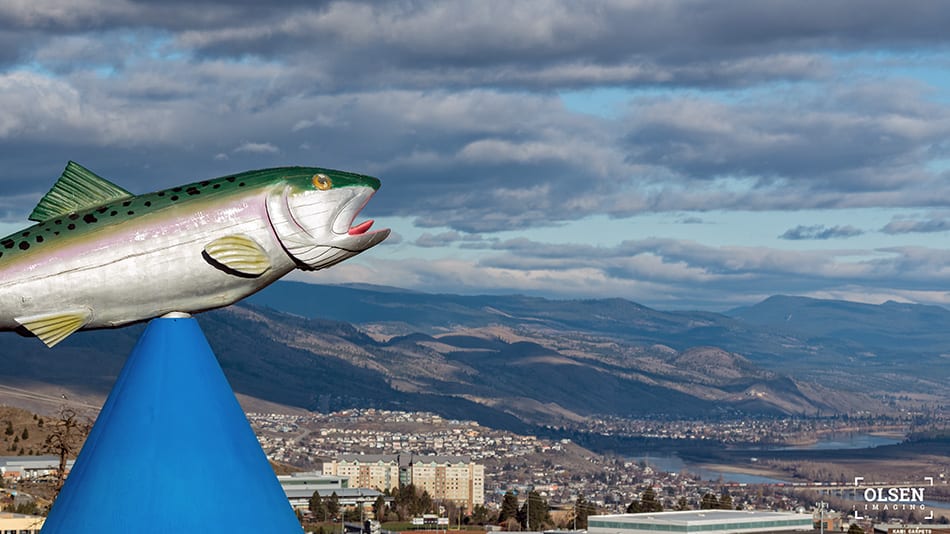 fish ornament on top of blue cone against blue sky with city
