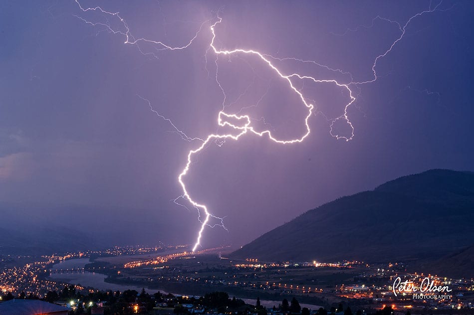 Kamloops city view purple sky with lightning bolts 2