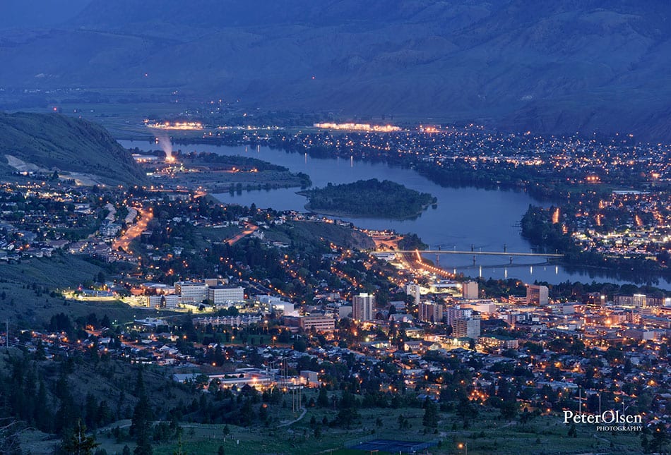 Kamloops City blue sky and mountain with river and buildings with lights