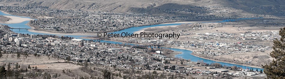 Kamloops City panoramic view with rich blue river and city with trees