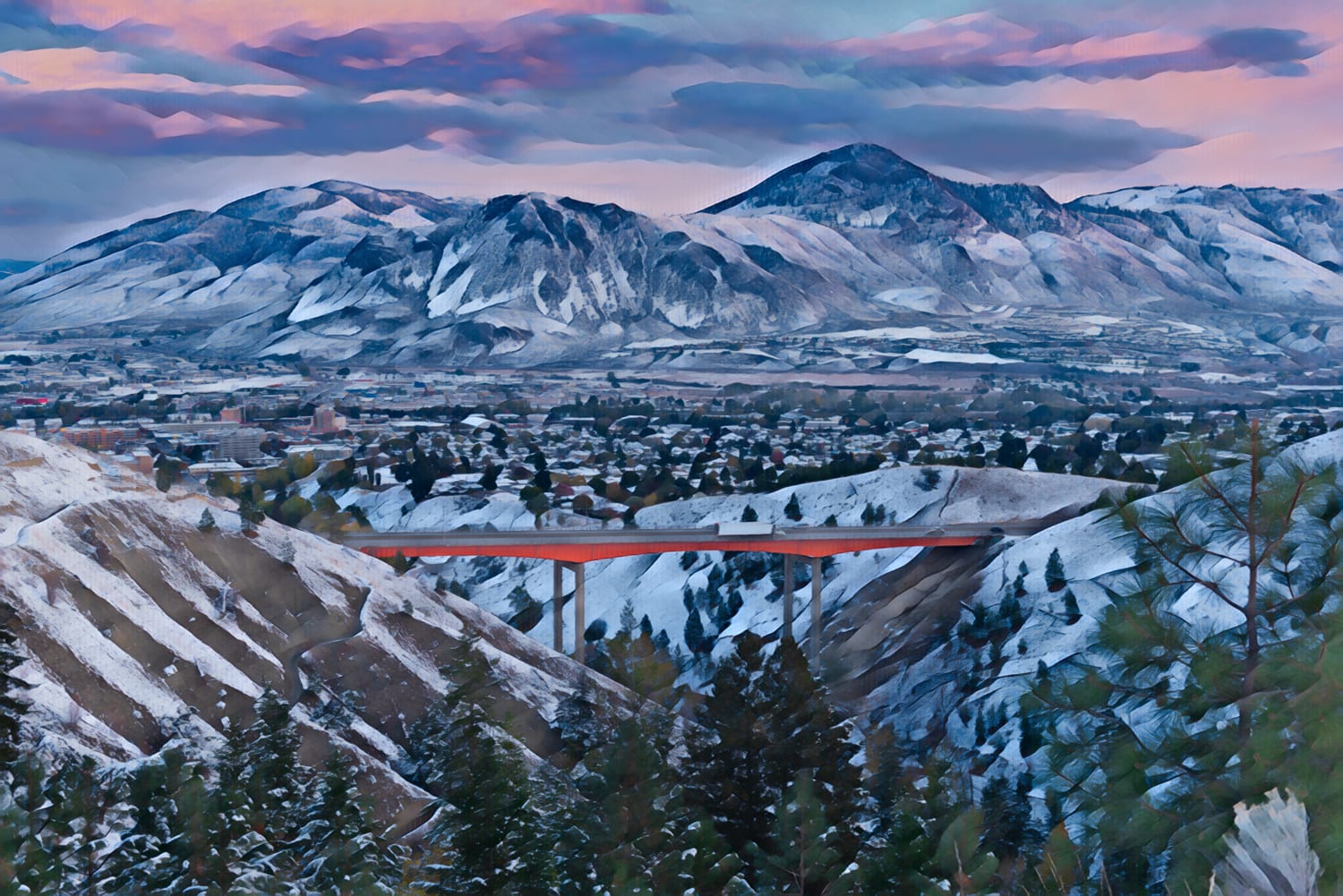 Kamloops Abstract pink and purple sky with snowy mountain and hills with red bridge