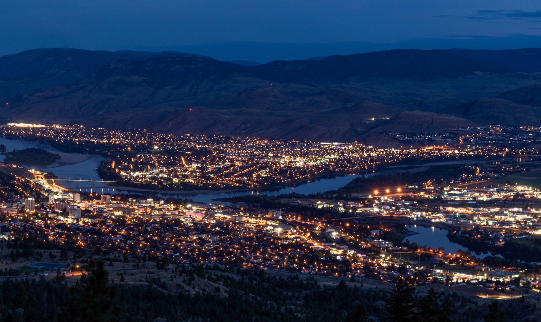 Kamloops City Aerial view of lights on the city and rivers