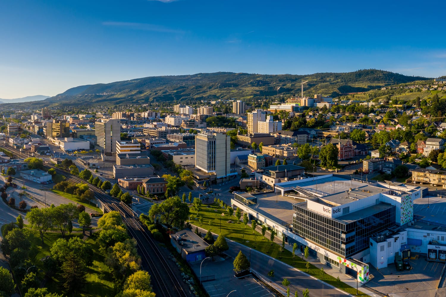 Kamloops City Aerial panoramic view of buildings with roads and mountains