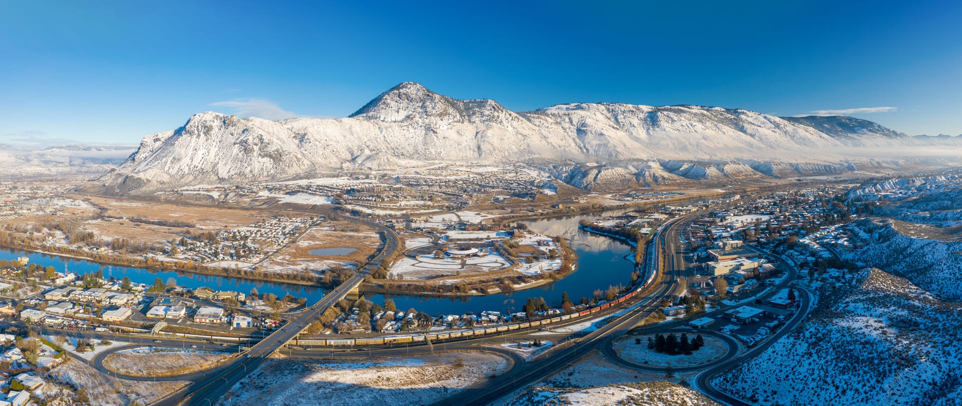 Kamloops City Aerial sunshine with mountain and road with river