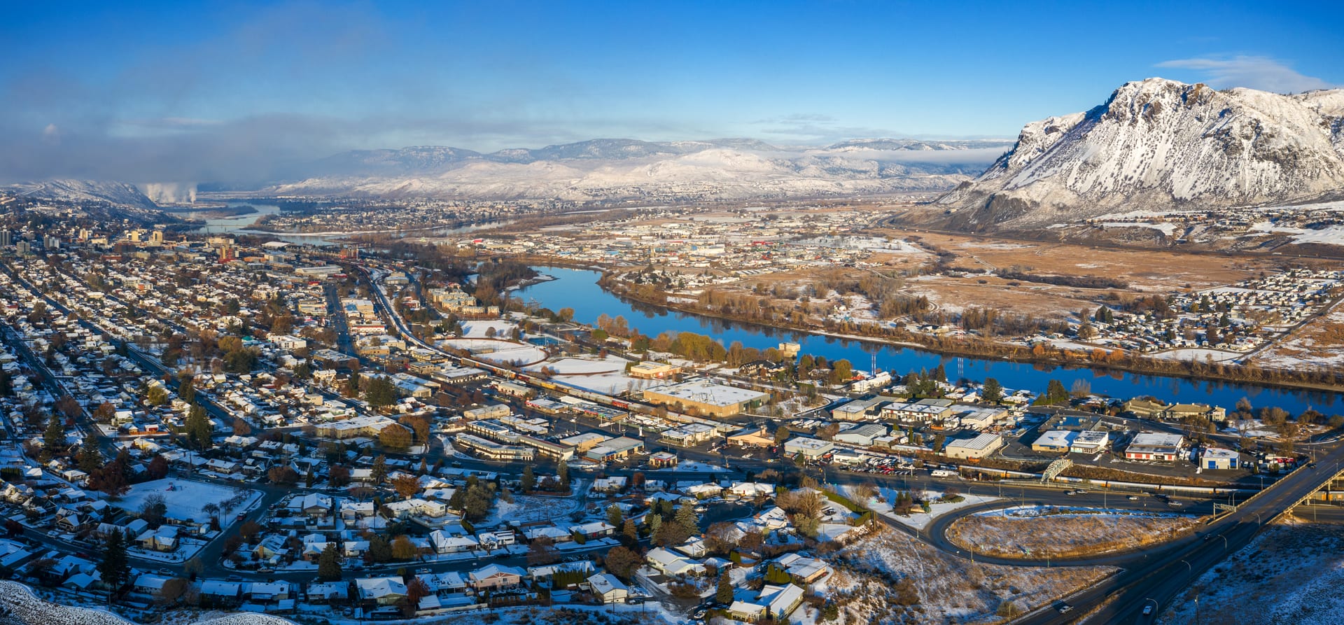 Kamloops City Aerial sunshine with mountain and road with river 2