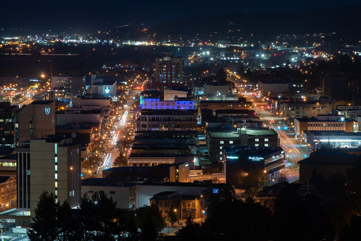 HDR photo of Kamloops city at night with lights