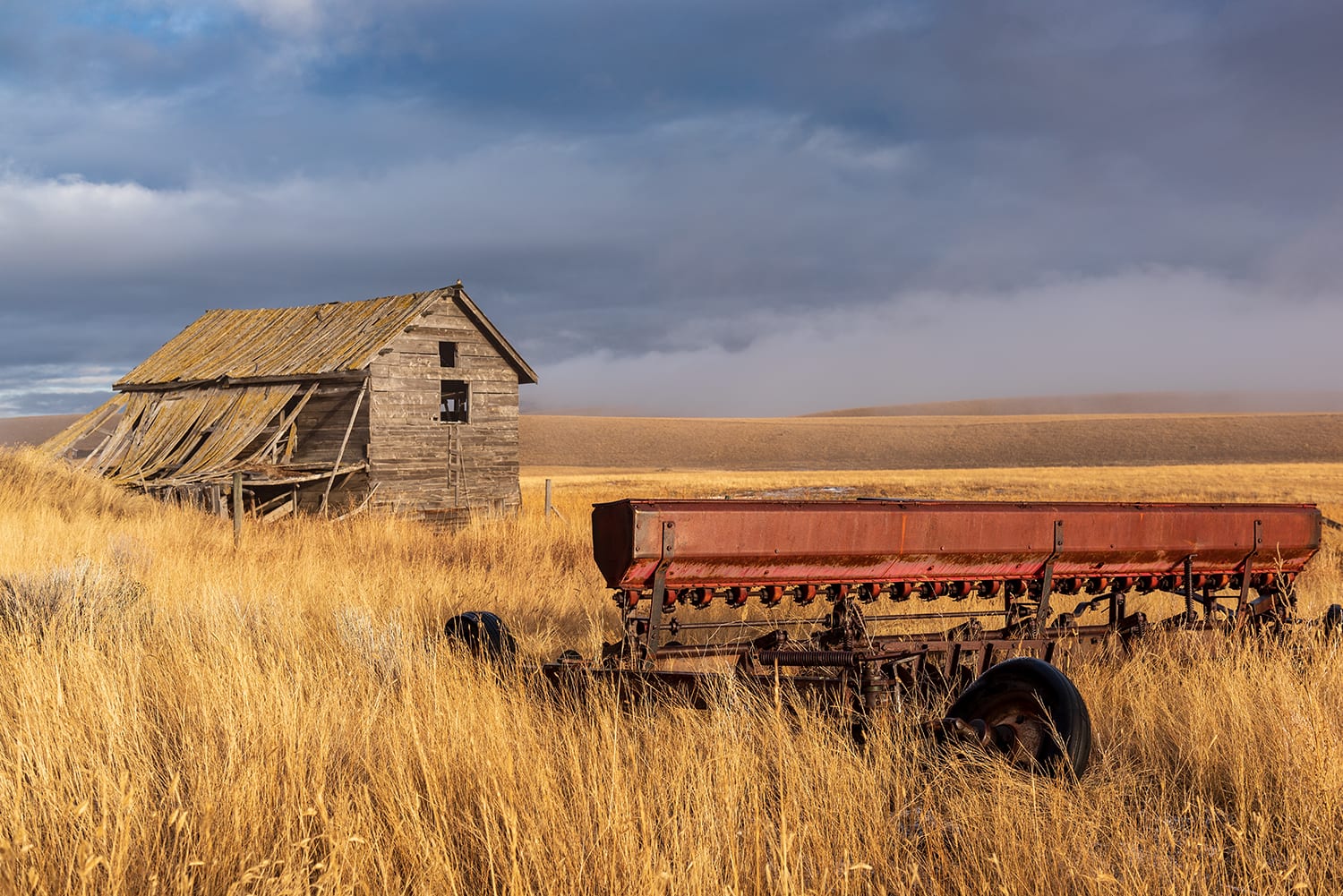Kamloops rural life farming equipment with wooden shed and tall grass