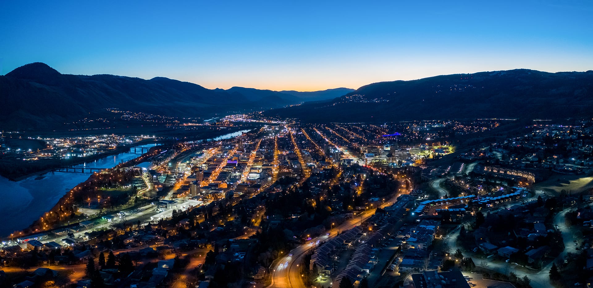 Kamloops City Aerial sunset photography with lights