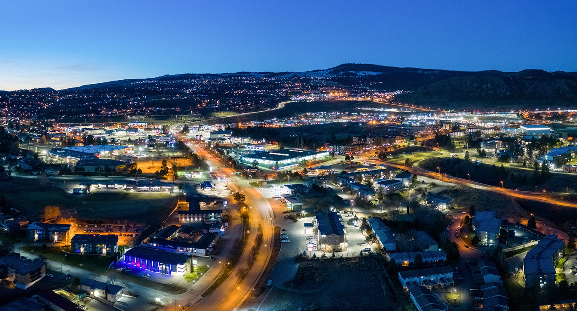 Kamloops City Aerial nighttime photography with bright lights