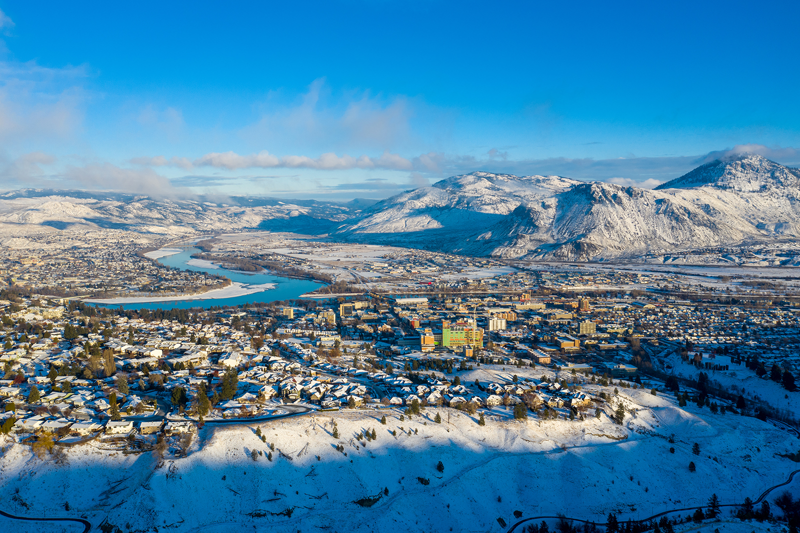 Kamloops City Aerial view of mountains and snow HDR