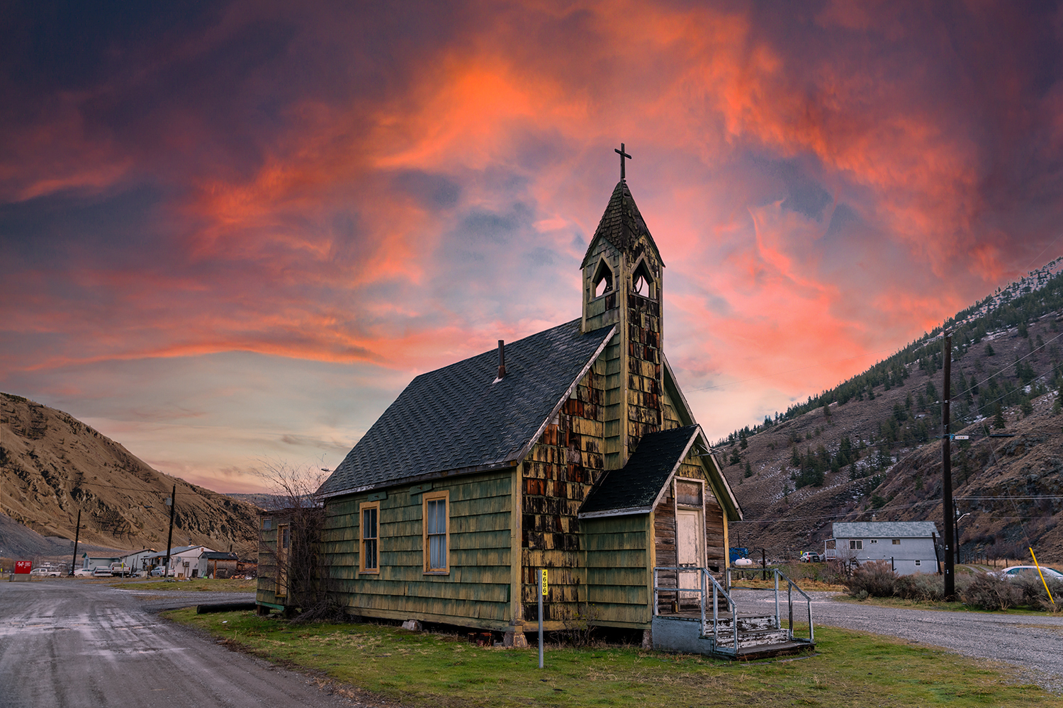 Kamloops Landscape chapel with sunset background and clouds