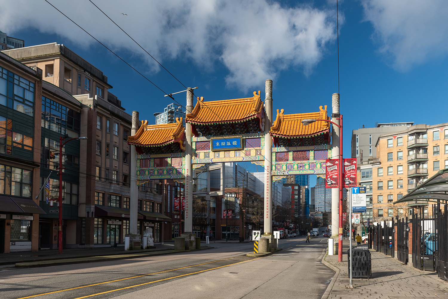 Kamloops Cityscape Chinatown gate blue sky with white clouds