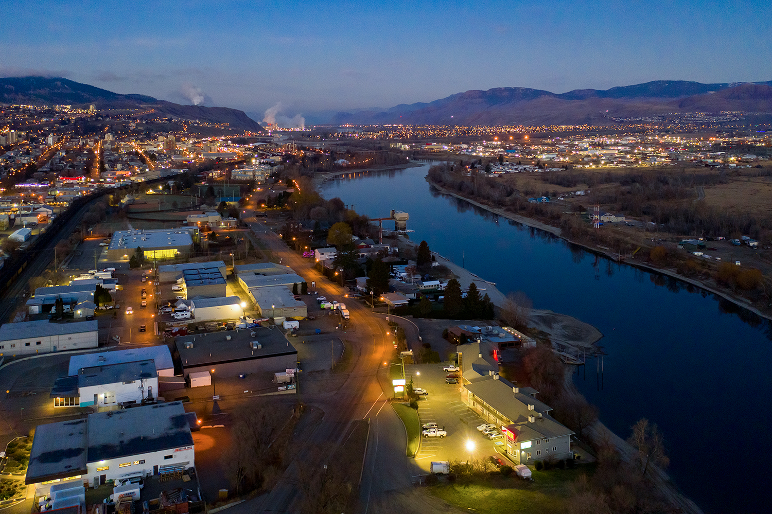 Kamloops City Aerial view of buildings and rivers with lights