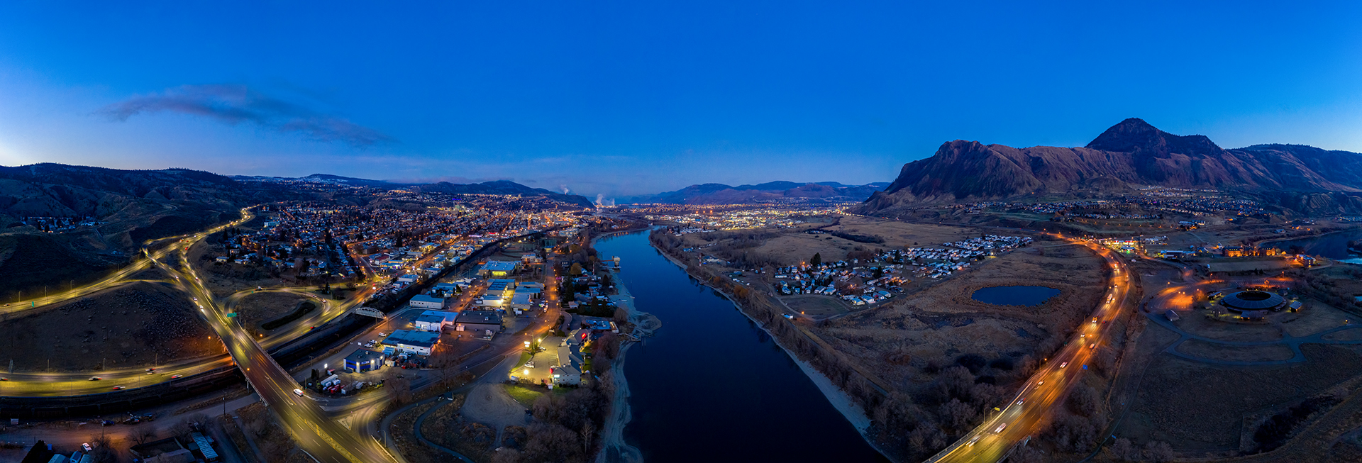 Kamloops City Aerial river and mountains and lights from the city