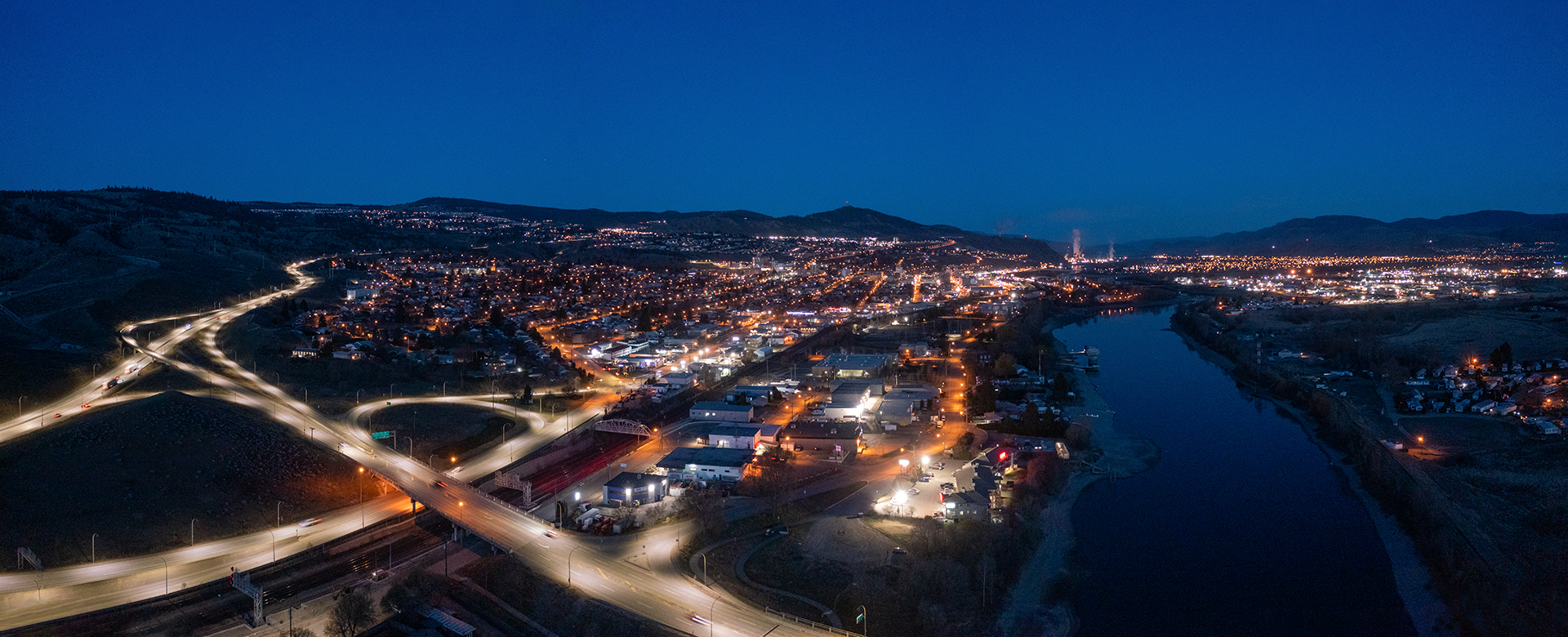 Kamloops City Aerial nighttime view with lights and road