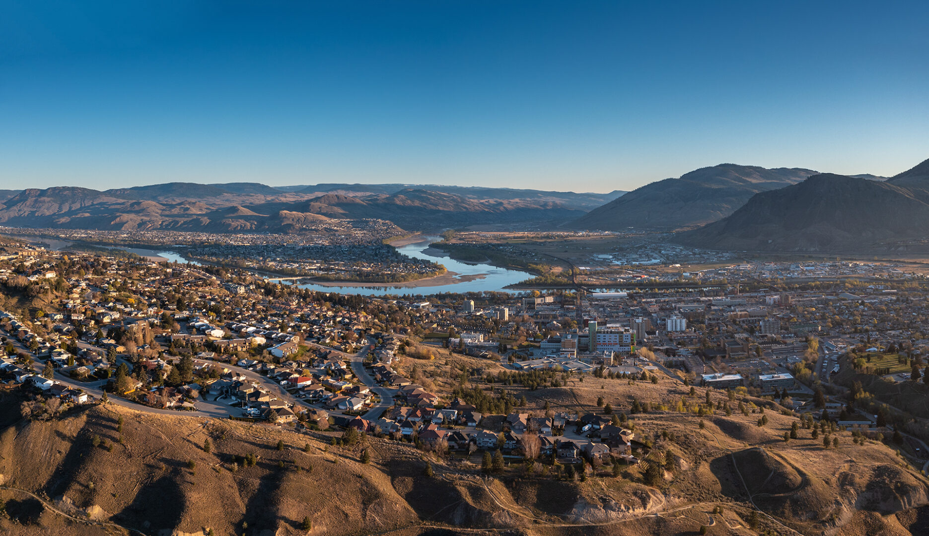 Kamloops City Aerial landscape view of mountain with city and buildings