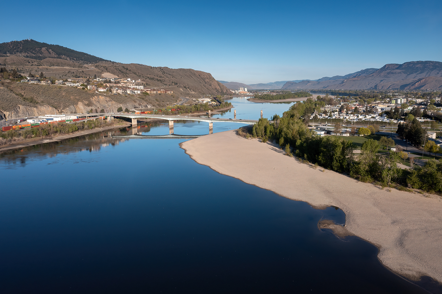 Kamloops City Aerial with beach and ocean with bridge and mountain