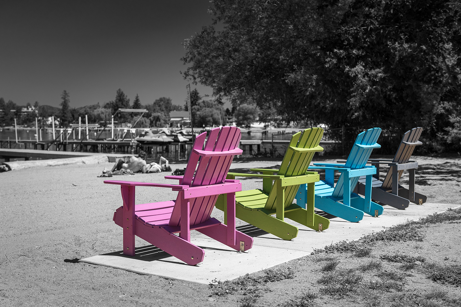 Kamloops Abstract black and white photo with colorful beach chairs