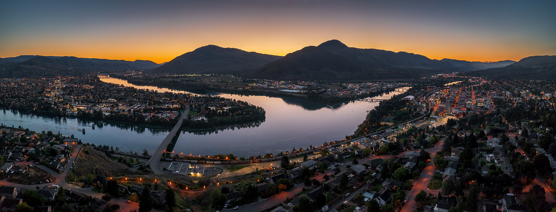 Kamloops city aerial view HDR at sunset with lights 2