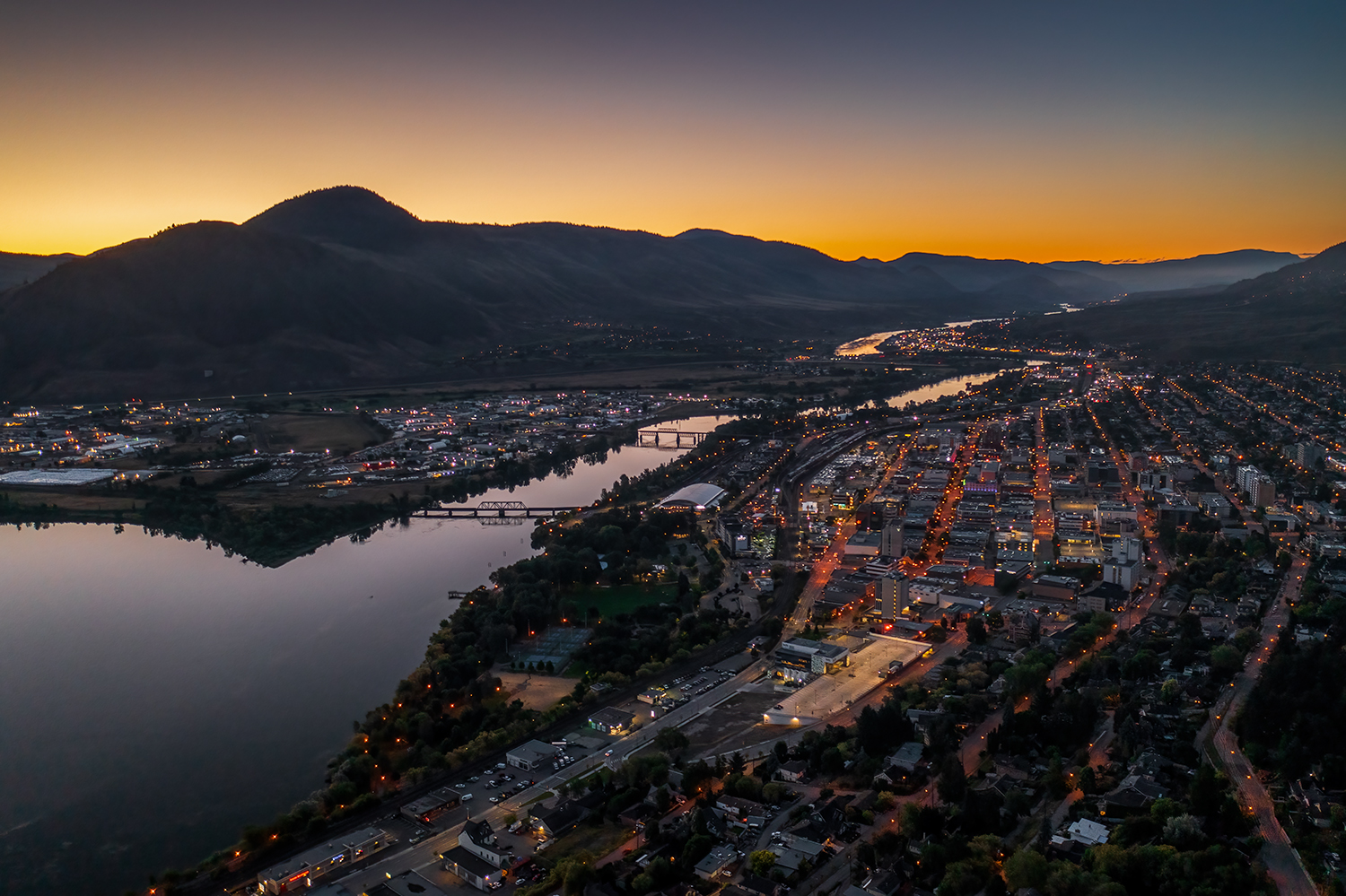 Kamloops city aerial view HDR at sunset with lights