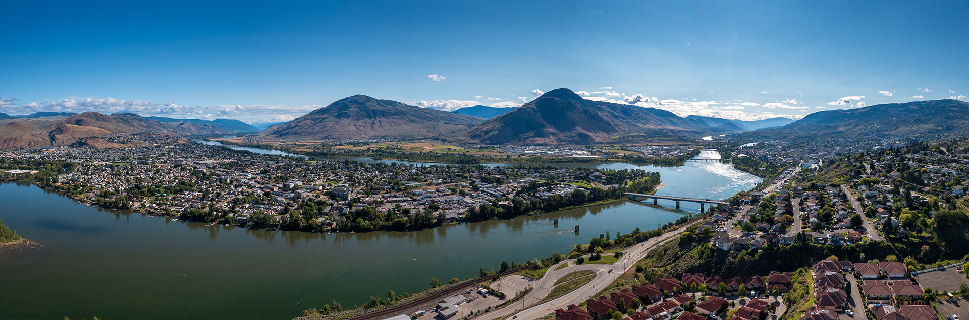 Kamloops City Aerial view with river panoramic with houses and cars