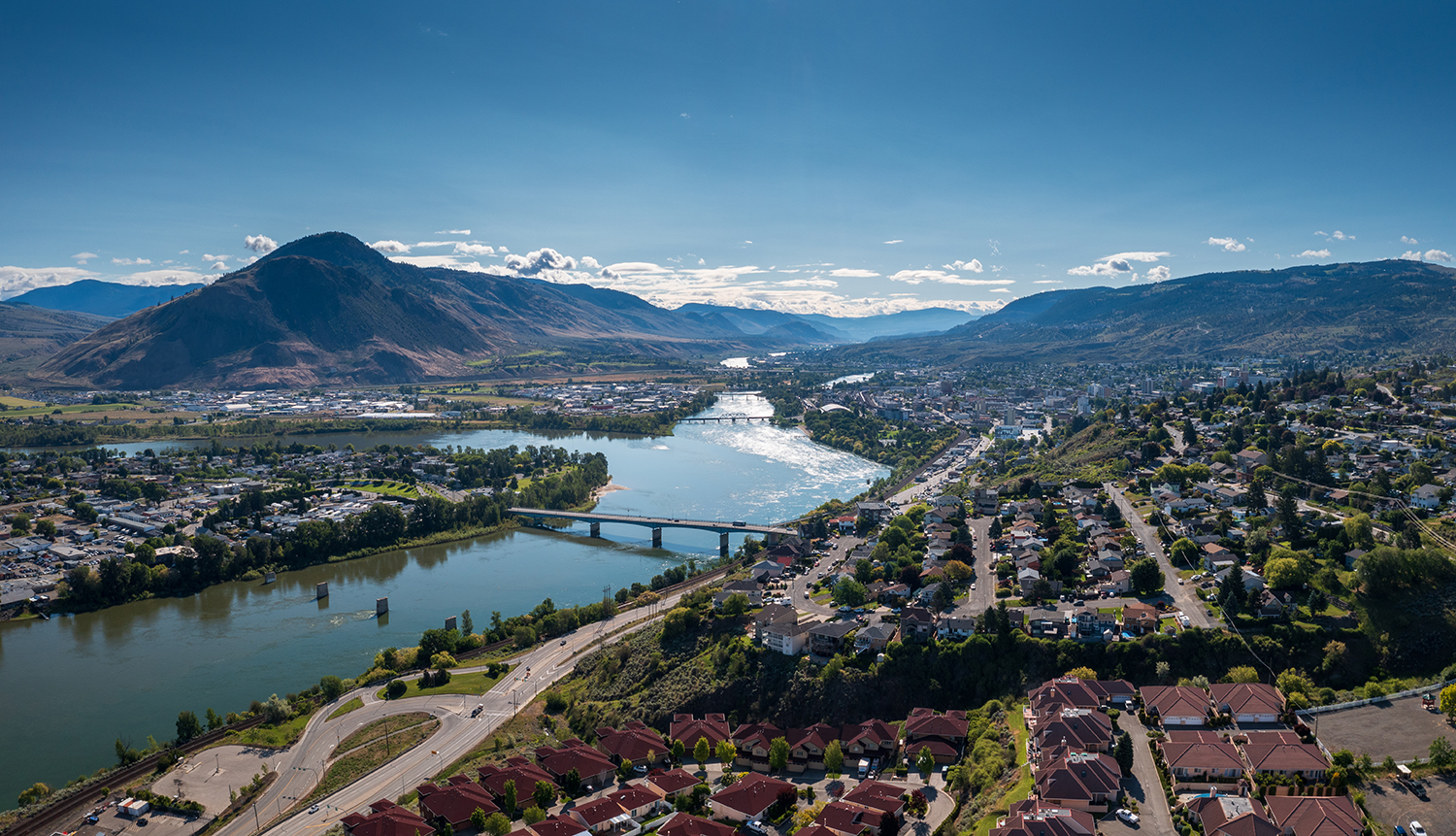 HDR panorama Kamloops City Aerial with river and sky at noon