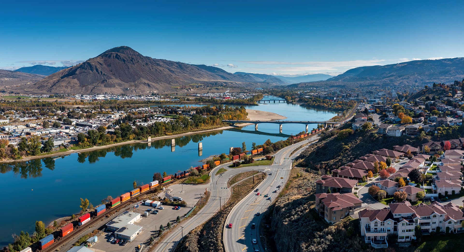 HDR Panoramic view of Kamloops City Aerial with river and bridges 2