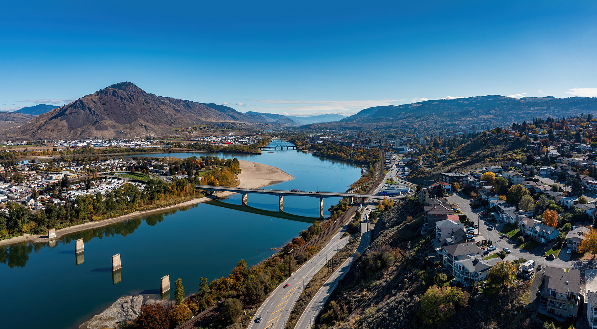 HDR Panoramic view of Kamloops City Aerial with river and bridges