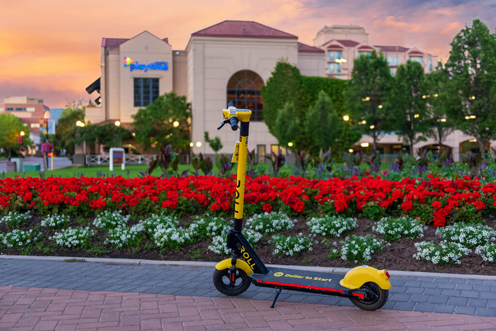 A small scooter in front of a garden full of flowers