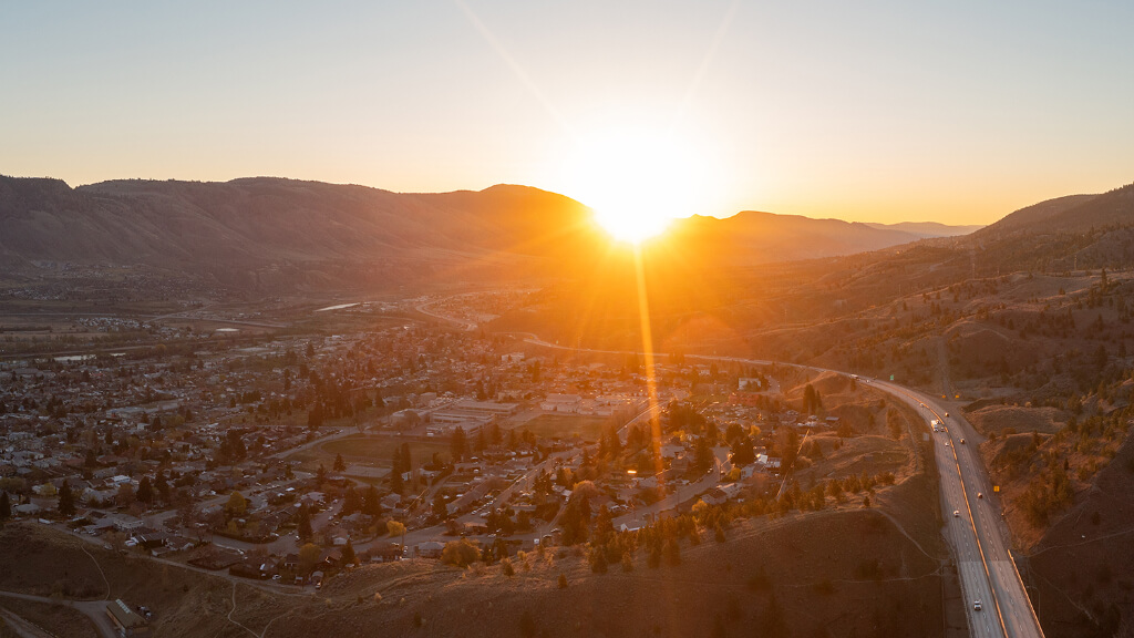 Kamloops City Aerial sunrise with mountain and road